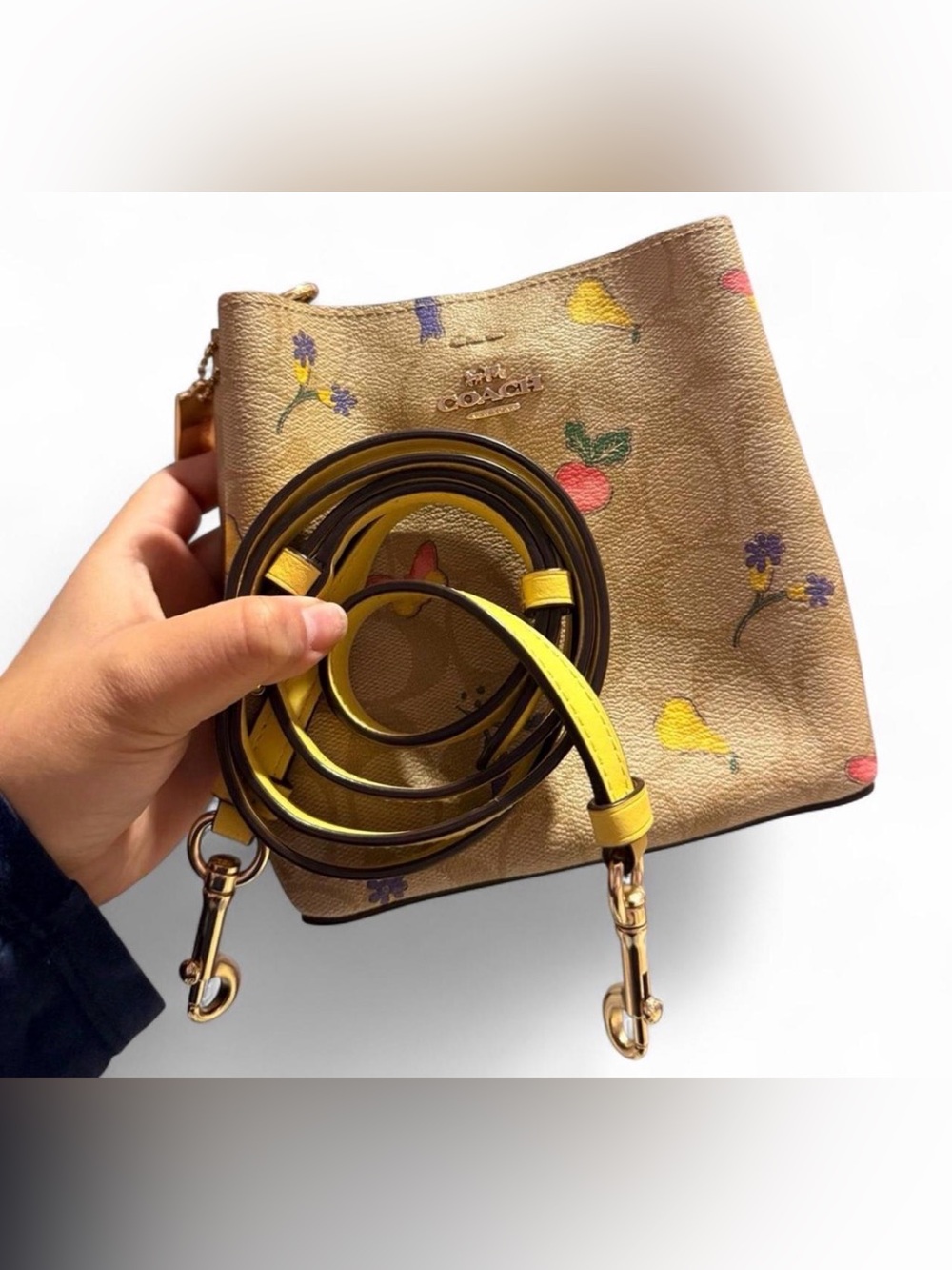 COACH Floral Leather Crossbody Bag with Yellow Strap